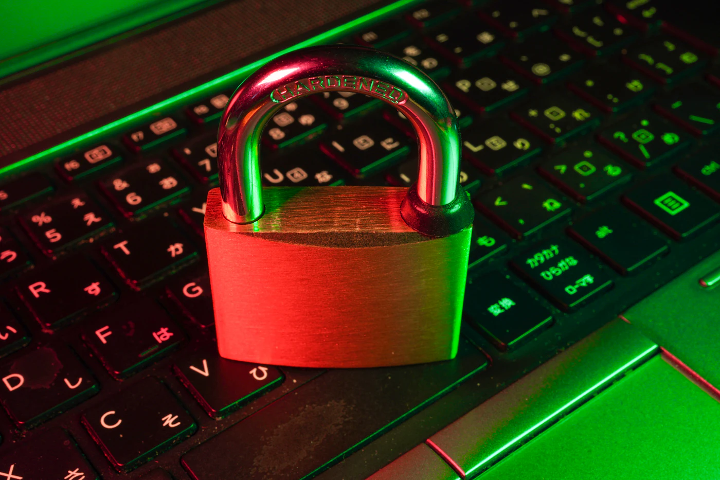 A red padlock resting on a laptop keyboard lit in green, representing cybersecurity